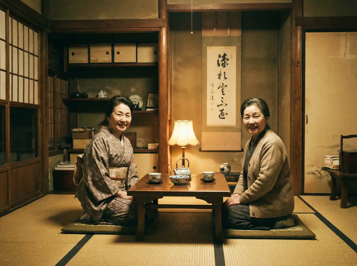 两位优雅的 91视频 在日式茶室中品茶交谈